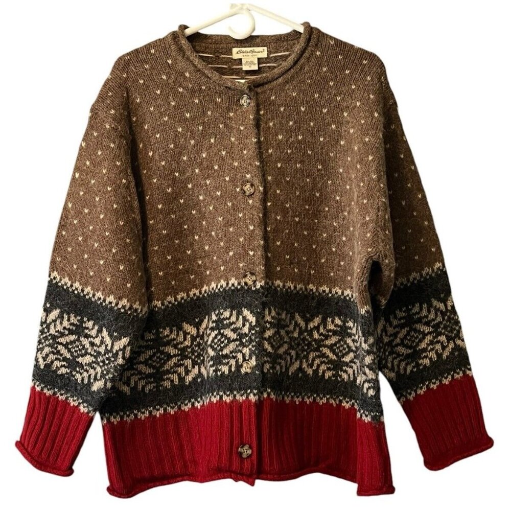 Eddie Bauer Brown Fair Isle Wool Blend Cardigan with Red Rib Hem